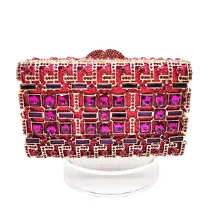 Chaliwini Luxury Heavy Fuchsia Crystal Party Handbags Rose Gold Wedding Purse Box Women Clutch Bags