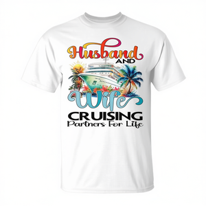 T-shirt assorti pour couple, motif « mari et femme, partenaires de croisière pour la vie », blanc, petit format, manches courtes, en coton et polyester - Product Image 2