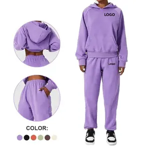 2024 Herfst Winter Casual Oversized Katoen Franse Joggingbroek En Hoodie Set Custom Logo Jogger Vrouwen Effen Hoodies Pak