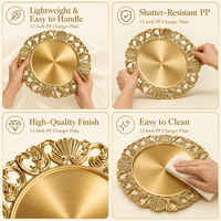 Assiette de présentation dorée ornée de 13 pouces en PP, motif floral européen en relief, pour mariages, banquets, hôtels et événements