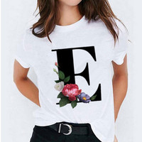 Camisetas de Mujer 100% Algodón Transpirable con Estampado de Flores y Letras para Verano