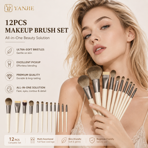 Neues YANJIE 12-teiliges Synthetikfaser-Make-up-Pinsel-Set mit Fächer- und Flachpinseln für Gesicht, Lidschatten, Eyeliner - Anfängerfreundlich - Product Image 4