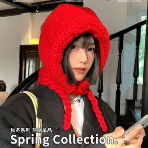 Bonnet tricoté style coréen avec cache-oreilles, rouge, chaud, pour femme, 54-56 cm, en coton, design amincissant pour le visage, à capuche - Product Image 2