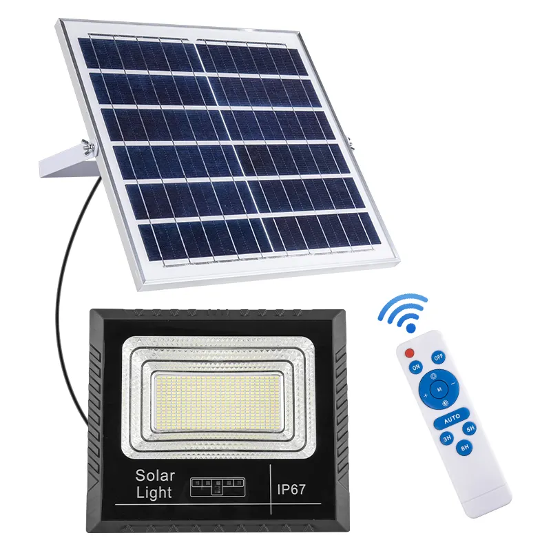 new design 10 watt 100w ip66 ip67 outdoorled solar powered flood light 300w dusk to dawn with solar panel plastic