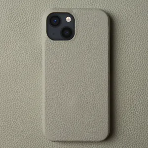 Cuero genuino de grano completo para iPhone 12 13 14 15 Pro Max funda con soporte Lychee Pebble patrón de cuero funda para teléfono móvil