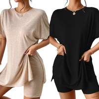 Sweater Rajut Lengan Panjang Kasual Wanita untuk Set dengan Atasan Tunik Panjang Selutut dan Celana Pendek 2 Potong Pakaian Liburan Pantai