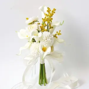 Wholesale high quality PU white fake wedding callalily flower bouquet bulk de fleur de mariage decor artificial bridal bouquets