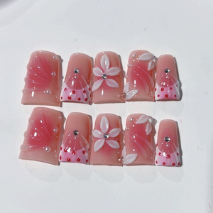 TSZS – Nouveauté été : 10 <span class=keywords><strong>faux</strong></span> ongles faits main en forme de bec de canard, à presser, roses, style French, <span class=keywords><strong>avec</strong></span> motifs floraux 3D sculptés - Product Image 3