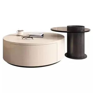 Italian Simple Size Round Coffee Table Set Light Paint Tempered Glass Countertop Coffee Table