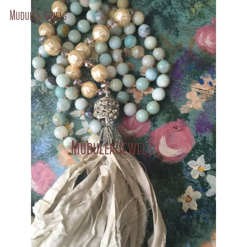 NM11393 Boho Chic Amazonite Pearl Mixed Beaded Necklace, Sari Silk Tassel Necklace Gift For Her