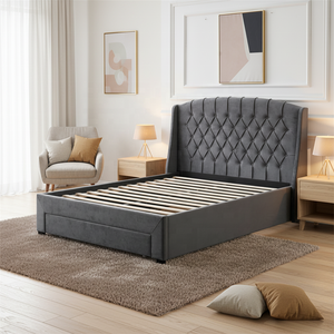 Lit rembourré de style simple de bonne qualité, boutons capitonnés, tête de lit incurvée, lit ottoman avec rangement, taille Queen - Product Image 2