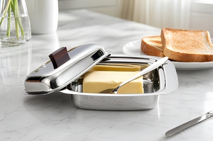 Beurrier en acier inoxydable rectangulaire avec couvercle rabattable et cuillère, pour une conservation optimale de la fraîcheur, vaisselle de cuisine au design minimaliste - Product Image 1