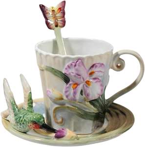 Juego de taza de té y platillo de cerámica 6OZ 3D pintado a mano <span class=keywords><strong>Colibrí</strong></span> y flor taza de <span class=keywords><strong>café</strong></span> regalo para mujeres - Product Image 1