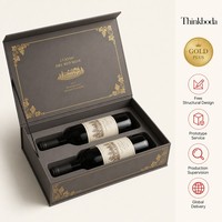 Scatola Rigida Orizzontale Personalizzata per Due Bottiglie di Vino, Grigio Caldo con Cornice Dorata e Finestra per Etichetta