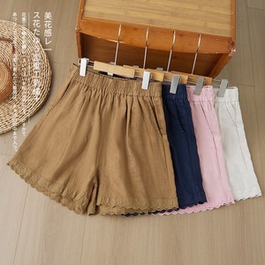 Women's Cotton Linen Shorts Beige <b>Elastic</b> Waist <b>Lace</b> Trim Casual Loose Fit Summer Pants - Product Image 5