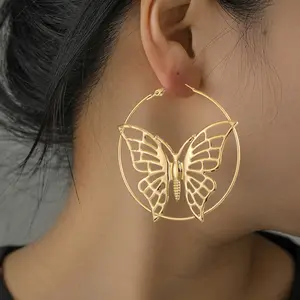 Fashion Jewelry Earrings Hollow Round Circle Hoop Earrings Gold Silver Color Charm Big Butterfly Hoop Earrings For Women Girls