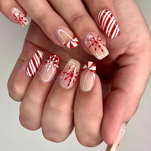圣诞法国中号方形ABS假指甲易压手指红白雪花对比条纹设计凝胶紫外线 - Product Image 1