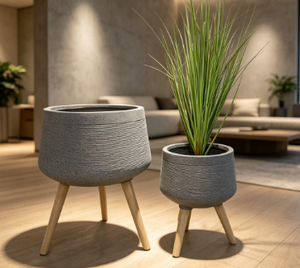 Modern Rattan Flower <b>Pots</b> with Wood Legs Minimalist Indoor Planters Set of 2 for Green Plants - Product Image 3
