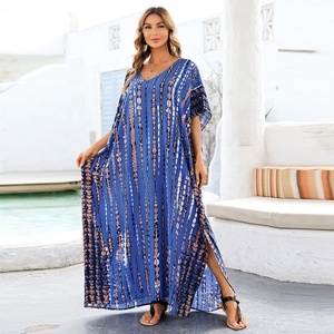 Abiti Caftano Taglie Forti, Copricostume Hawaiano, Abbigliamento da Spiaggia Modesto, Bikini Boho, <span class=keywords><strong>Vestito</strong></span> Kaftano a Righe Stile Marocchino - Product Image 2