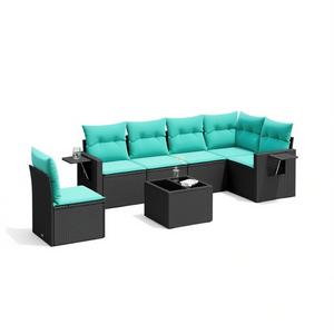 Ensemble de canapés de patio en polyrotin noir moderne avec coussins, 7 places, mobilier d'extérieur au design contemporain - Product Image 1