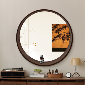 Vintage-style <strong>Round</strong> Bathroom <strong>Mirror</strong> with Solid <strong>Wood</strong> Frame and Storage Shelf, Desktop Retro Vanity Makeup <strong>Mirror</strong> - Product Image 2