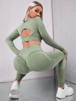 Nouveautés : Ensemble de sport sans couture à manches longues pour femme, taille haute, grande taille, avec logo personnalisé, pour yoga et fitness