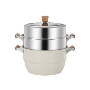 Three layer stainless steel 304 enlarge capacity variety food heatproof wooden handle dumpling big steamer pot for cooking