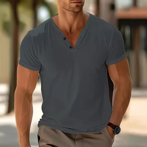 Temu Camiseta de manga corta con cuello en V para hombre, color sólido, transpirable, ligera, informal, de ajuste regular, para uso recreativo - Product Image 2