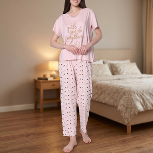 Pyjamas décontractés pour femmes, fabrication ODM, 100% coton, tissu jersey doux et lisse, fermeture élastique à la taille, été, printemps, motif floral, court - Product Image 2