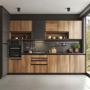 Mueble de Cocina Moderno Europeo Contemporáneo con Isla, Fregadero, Base de Chapa Prefabricada, Gabinete Eléctrico, Puerta de Almacenamiento de Vidrio, MDF Moderno - Product Image 1