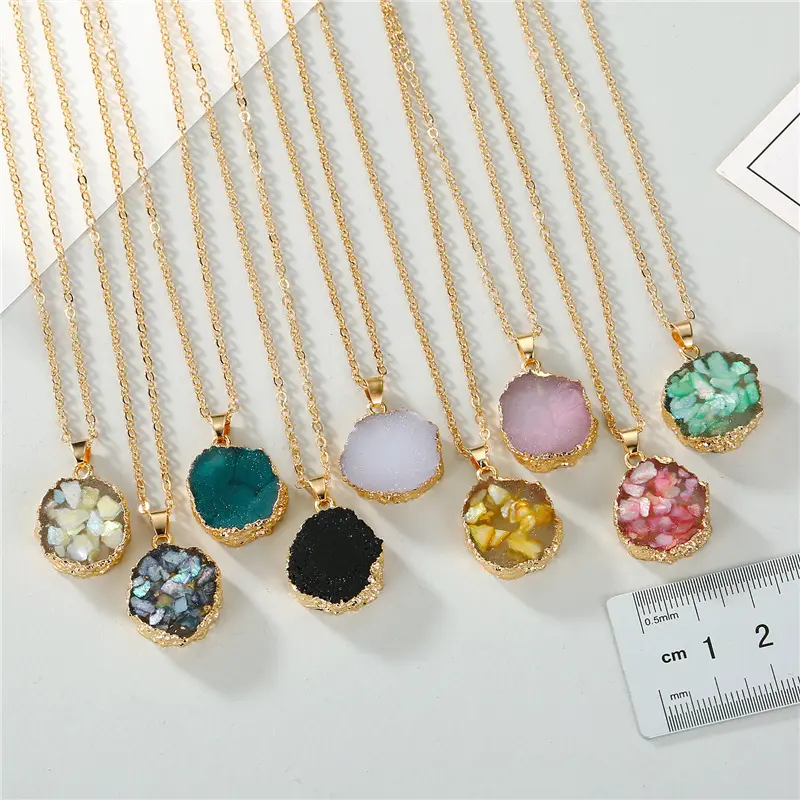 Разноцветный окрашенный Кристалл из смолы, агат, друза, кристалл, минералы, драгоценный камень, Золотой металлический кулон, ожерелье для женщин
