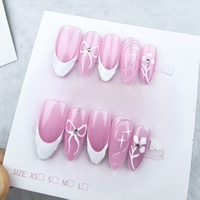 Uñas artificiales; forma de uña de almendra color base Rosa; lazo pintado a mano; fábrica de alta calidad al por mayor.
