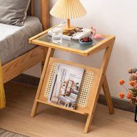 Combohome Table de chevet en rotin et verre multifonction avec étagères de rangement Table de chevet en bambou