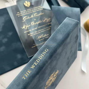 Boîte d'invitation de mariage personnalisée en velours, en carton, réutilisable, ensemble d'invitation de mariage de luxe avec impression dorée et ruban - Product Image 4