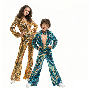 Ensemble de combinaisons à paillettes assorties pour la famille, style disco des années 70, pantalon pattes d'éléphant, costume pour hommes, femmes et enfants, tenue rétro pour fête cosplay - Product Image 2