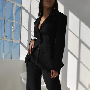 Women's Casual <b>Suit</b> Set Long Sleeve Solid Color Polyester Worsted <b>Buttons</b> High Waisted - Product Image 3