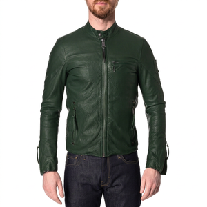 Veste en cuir pour homme, col montant, fermeture éclair, coupe ajustée, veste décontractée tendance avec poches fonctionnelles - Product Image 1