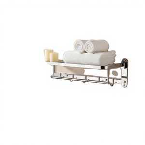 Porte-serviettes mural moderne en acier inoxydable chromé avec étagère pour rangement de salle de bain, design fixe 60 cm - Product Image 1