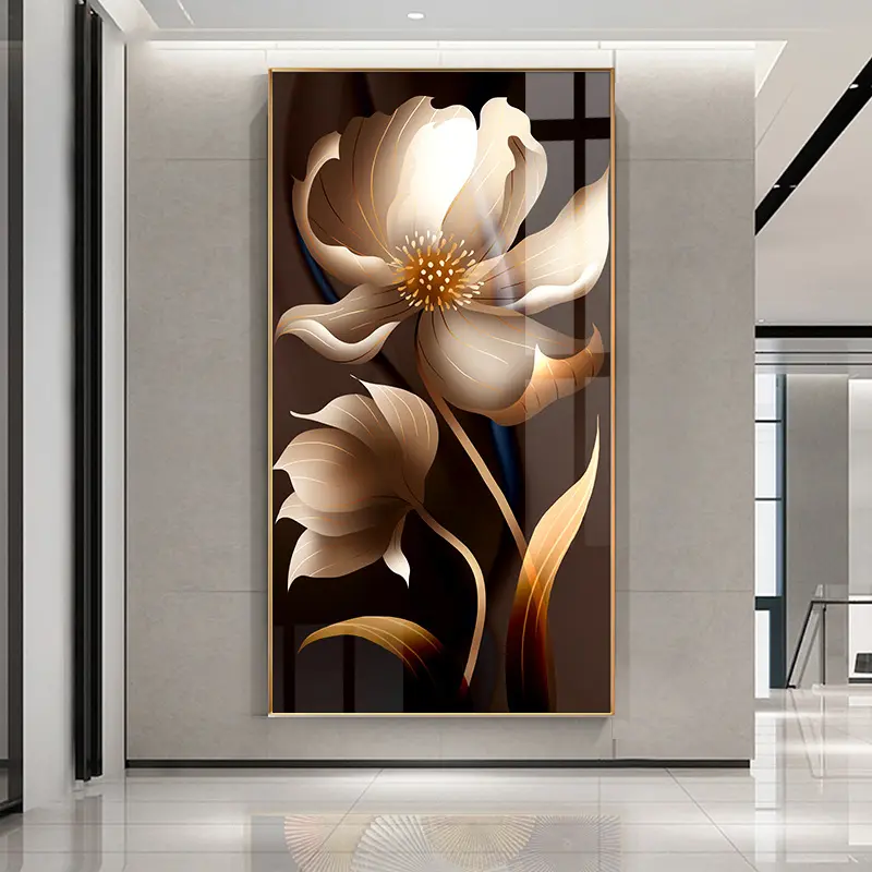 Living room entry porch decoration luxury golden flower modern Nordic abstract flower crystal wall art painting home decor