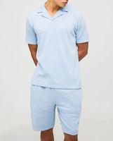 Ensemble 2 pièces respirant imprimé bleu poussière coupe ajustée en tissu gaufré : Polo à revers et short