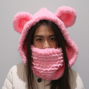 Cagoule <span class=keywords><strong>tricot</strong></span>ée mignonne pour <span class=keywords><strong>femme</strong></span> avec oreilles d'ours, bonnet chaud d'hiver pour le ski, cache-cou épais à <span class=keywords><strong>capuche</strong></span>, cache-cou animalier moelleux fait main - Product Image 3