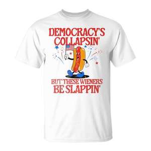 T-shirt Fourth Of July Weiner, design humoristique politique, rouge, blanc, bleu, étoiles scintillantes, manches courtes, col ras du cou unisexe, pour adulte - Product Image 1