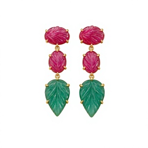 Ruby with Green Jade Leaf Carving Gemstone Brass <b>Earring</b> 18k <b>Gold</b> Plated Bohemia Style Women's Statement Jewelry Drop <b>Earrings</b> - Product Image 1