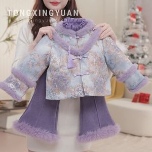 Tongxingyuan Girls Chinese Style Tang Suit Coat Set Thickening Windproof Autumn Winter Outwear With Fur Trim - Product Image 3