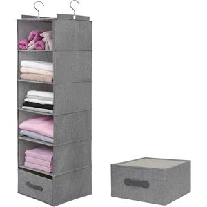 Large Hanging Closet Organizer <b>6</b> Shelf With <b>Drawer</b> Dark Gray Foldable Clothing Storage For Bedroom Wardrobe - Product Image 1