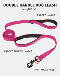 Conjunto de Correa y <span class=keywords><strong>Collar</strong></span> Ajustable Acolchado para Perro Mediano, <span class=keywords><strong>Collar</strong></span> Martingale Reflectante de 5 Pies con Cierre de Botón, Doble Asa, Nailon Rosa Intenso - Product Image 4