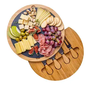 Organic Bamboo Cheese Board and Knife Set Charcuterie Board Knife Set Cheeseboard Set with Removable Slate