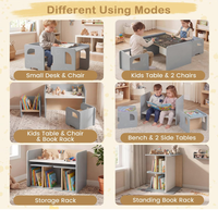Ensemble de table et chaises pour enfants 3 pièces, tout en un, en bois, style Montessori, avec tableau noir, étagères de rangement pour la maison, l'école