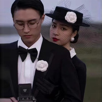 Gorro de fiesta de boda de encaje de terciopelo, sombrero elegante de lujo, negro, con Rosa Blanca, sombrero Fedora de novia