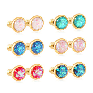 Fashion Stud Earrings Set <b>Round</b> Geometric Opal Inlay Gold Tone Stainless Steel <b>Post</b> Gift Jewelry - Product Image 1